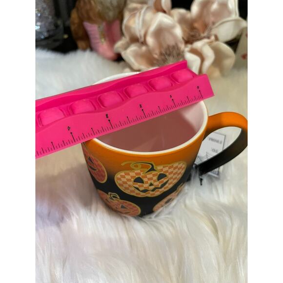 Set of 2 Cobwebs & Cauldrons Orange Checkered Pumpkins Halloween Mug - Picture 4 of 4